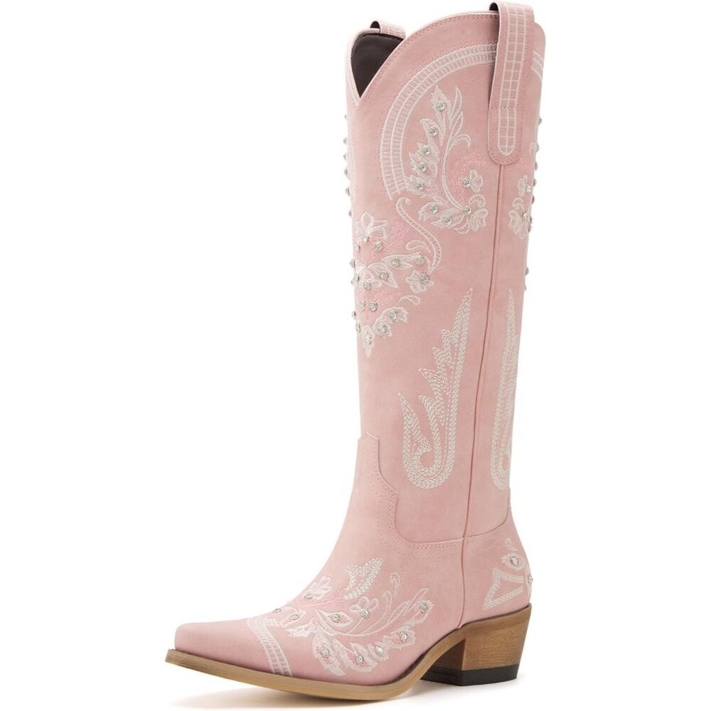 ⚡Women's Pink Embroidered Rhinestones Knee High Cowgirl Boots Chunky Heel